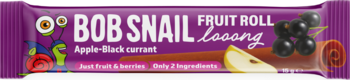 Purple Bob Snail Fruit Roll Apple-Black Currant bar. Frontal shot, showing snail logo, apple slice, and berries.