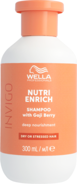 Wella Professionals Invigo Nutri-Enrich szampon z Goji Berry 300ml do włosów suchych, biało-pomarańczowa butelka, widok z przodu.