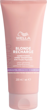 Wella Professionals Invigo Blonde Recharge Odżywka, różowa tuba z fioletowymi pigmentami, widok z przodu.