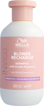 Wella Invigo Blonde Recharge szampon z fioletowymi pigmentami do włosów blond, biała butelka 300ml, widok z przodu.