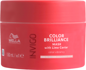 Koralowa maska Wella Invigo Color Brilliance 150ml, z kawiorem limonkowym do włosów farbowanych, widok z przodu.