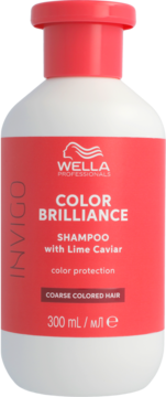 Wella Invigo Color Brilliance Shampoo z limonkowym kawiorem do włosów farbowanych, biała butelka z czerwoną etykietą, widok z przodu.