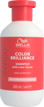 Szampon Wella Invigo Color Brilliance do włosów farbowanych, biała butelka z czerwoną etykietą, 300 ml, widok z przodu.