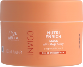 Wella Invigo Nutri-Enrich, maska z Goji Berry do włosów suchych w pomarańczowym, okrągłym słoiczku, widok z przodu.