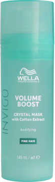 Maska Wella Invigo Volume Boost Crystal Mask, w turkusowej butelce, dla włosów cienkich, z bawełną, widok z przodu.