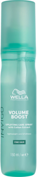 Butelka Wella Invigo Volume Boost, turkusowy spray do włosów cienkich z ekstraktem bawełny, 150ml, z przodu.