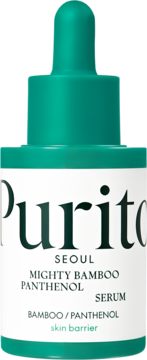 Białe serum Purito Mighty Bamboo Panthenol wzmacniające barierę skóry, z zielonym kroplomierzem, z przodu.
