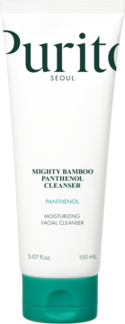 Purito Mighty Bamboo Panthenol Cleanser, nawilżający żel do mycia twarzy w białej tubie z turkusową zakrętką, widok z przodu.