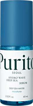 Purito Hydro Wave Deep Sea Serum 60ml, niebieska butelka z białym napisem Deep Sea Water, widok z przodu.