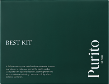 Ciemnozielone pudełko Purito Seoul Best Kit z białym logo i opisem. Zestaw kosmetyków do pielęgnacji twarzy.