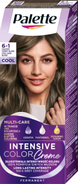 Palette Intensive Color Creme 6-1 Cool Blond farba, fioletowe opakowanie z uśmiechniętą modelką o włosach cool blond.