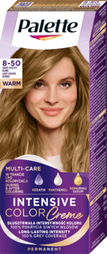 Fioletowe opakowanie farby Palette 8-50 Jasny Złocisty Blond z uśmiechniętą kobietą, widok z przodu.