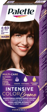 Palette Intensive Color Creme 4-60 Ciemny Złoty Brąz WARM, pudełko z modelką o długich brązowych włosach.