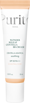 Purito Wonder Releaf Centella BB Cream w białej tubce, widok z przodu, SPF 30, odcień 13 Neutral Ivory.