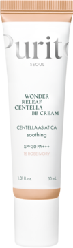 Purito Wonder Releaf Centella BB Cream, biała tubka z beżową nakrętką, SPF30, odcień 15 Rose Ivory, widok z przodu.