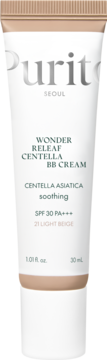Purito Wonder Releaf Centella BB Cream, SPF 30 PA+++, 21 Light Beige, w białej tubce, widok z przodu.