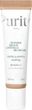 Biała tubka Purito Wonder Releaf Centella BB Cream, odcień 23 Natural Beige, SPF 30 PA+++, widok z przodu.