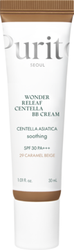Purito Wonder Releaf Centella BB Cream 29 Caramel Beige SPF 30 w białej tubce, widok z przodu.