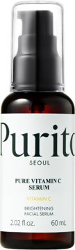Ciemna szklana butelka Purito Pure Vitamin C Serum rozświetlającego z pompką. Biała etykieta, widok z przodu.