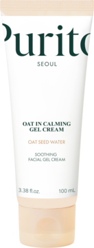 Purito Oat In Calming Gel Cream, biała tubka z zielonym tekstem, widok z przodu, kojący krem z owsem.