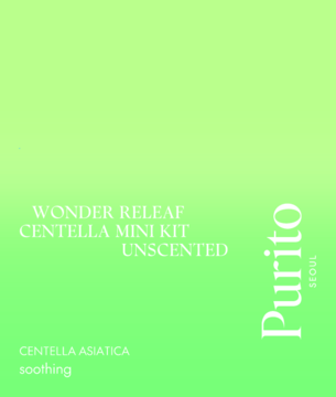Jasnozielone pudełko Purito Seoul Wonder Releaf Centella Mini Kit Unscented, bezzapachowy zestaw do pielęgnacji, widok z przodu.