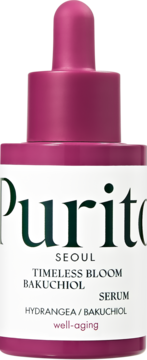 Biała butelka Purito Timeless Bloom Bakuchiol Serum z różowym dropperem, widok z przodu, opis "well-aging".