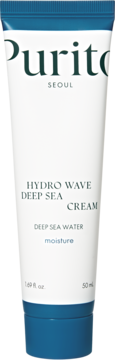 Purito Hydro Wave Deep Sea Cream w białej tubie z niebieską nakrętką, widok z przodu, podkreślający nawilżenie 50 ml.