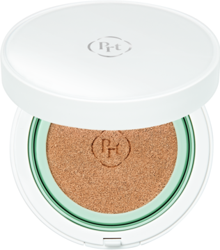 Otwarty, biały kompaktowy krem BB RHT z jasnozielonym pierścieniem i beżowym wkładem, widok z góry, półmatowe wykończenie.