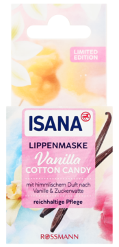 ISANA Lippenmaske Vanilla Cotton Candy, limitowana edycja. Różowe opakowanie z laskami wanilii, widok z przodu.