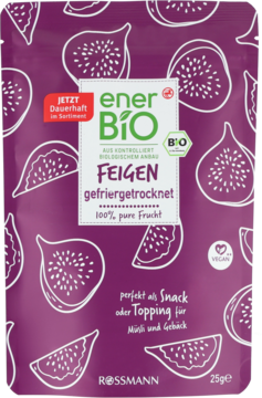Fioletowa torebka enerBIO mrożonych fig, 25g, z białymi grafikami fig i tekstem „100% pure Frucht”. Widok z przodu.