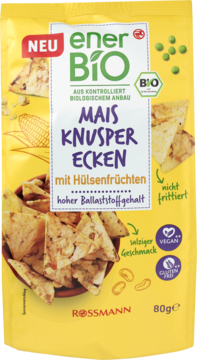 Żółta torba enerBiO Mais Knusper Ecken, wegańskich rożków kukurydzianych ze strączkami, słonych, niefritowanych.