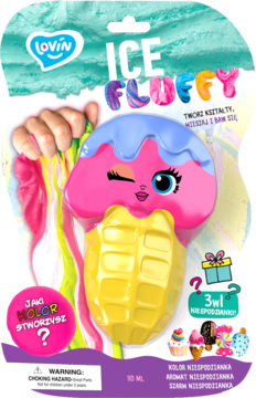 LOVIN ICE FLUFFY slime. Opakowanie loda z różowo-niebieską górą i żółtym wafelkiem. Ręka wyciąga kolorowy slime, z napisem '3w1'.