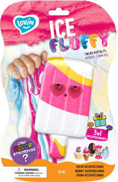 Opakowanie LOVIN ICE FLUFFY, różowy slime z motywem loda i dłonią mieszającą masę, zawiera 3 niespodzianki.