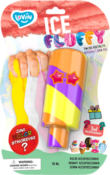 Opakowanie glutka Slime antystresowego LOVIN ICE FLUFFY 110ml, kolorowy cylinder z gwiazdkami, widok z przodu.
