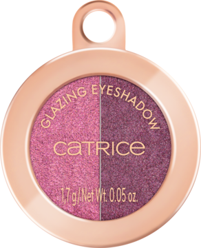Catrice Hollyglazing Glazing Eyeshadow: dwukolorowy, różowo-fioletowy, błyszczący cień z zawieszką, widok z góry.