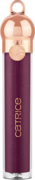 Catrice Hollyglazing lip gloss C02 Under the Mistle-tint w pionowej tubce z połyskującym fioletowym błyszczykiem i różowozłotą nakrętką.