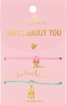 Zestaw dwóch regulowanych bransoletek Essence Nuts About You: różowa z baletnicą, miętowa z dziadkiem do orzechów, złote zawieszki.