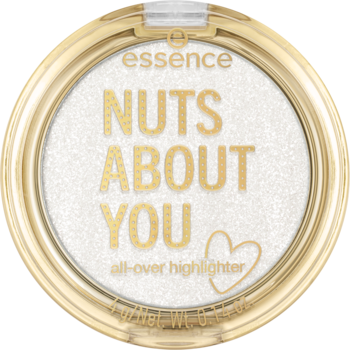 Rozświetlacz Essence NUTS ABOUT YOU: okrągły, złoty, z białym brokatowym pudrem i napisem, widok z góry.