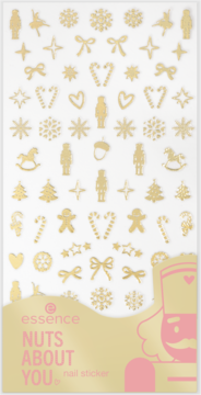 Essence Nuts About You złote naklejki na paznokcie. Świąteczne wzory: płatki śniegu, dziadek do orzechów, serca.