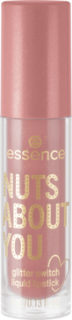 essence NUTS ABOUT YOU glitter switch płynna pomadka w odcieniu różowego nude, złoty napis, widok z przodu.