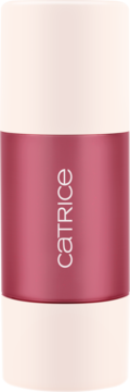 Płynny róż Catrice Soft Embrace Mulberry Glow, pionowa tubka, różowo-fioletowy z jasnym logo, widok przód.