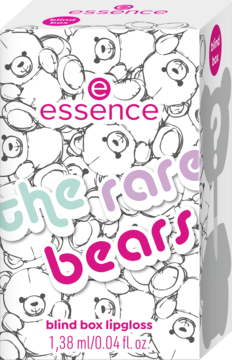 Essence The Rare Bears blind box lipgloss, białe pudełko z rysunkami misiów, widok z przodu pod kątem.