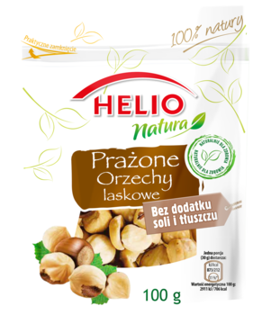 Biało-brązowe opakowanie Helio Natura prażonych orzechów laskowych 100g, 100% natury, bez soli i tłuszczu.