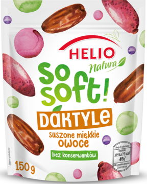 Helio Natura So Soft! Daktyle suszone miękkie owoce bez konserwantów, 150g. Biała torebka, widok z przodu.
