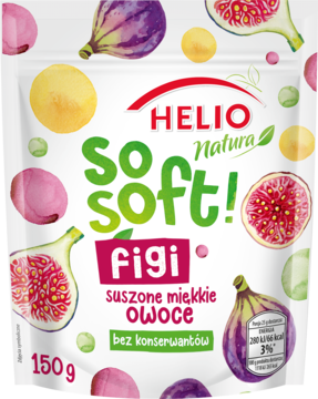 Białe opakowanie Helio Natura So Soft! miękkich suszonych fig 150g, z kolorowymi ilustracjami owoców. Front.