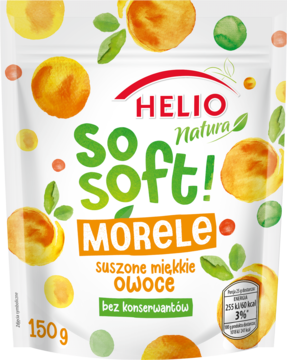 Helio Natura So Soft! Morele suszone miękkie owoce, biała torebka z grafika moreli i napisami.