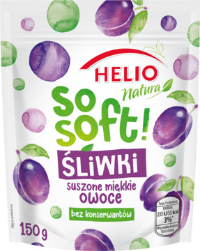 Biała torebka Helio Natura So Soft suszone miękkie śliwki. Miękkie owoce bez konserwantów, widok z przodu.