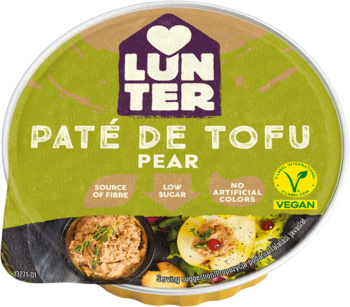 Okrągłe, oliwkowozielone wieczko Lunter Pâté de Tofu Pear z fioletowym logo w sercu i informacjami o włóknie, widok z góry.