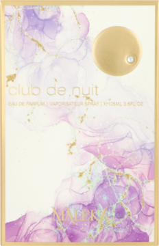 Armaf Club De Nuit Maleka Eau de Parfum, biało-fioletowe opakowanie z złotymi akcentami i perłą, widok z przodu.