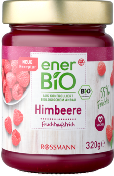 enerBiO Rossmann Himbeere Fruchtaufstrich w szklanym słoiku, 55% owoców, nowa receptura, widok z przodu.